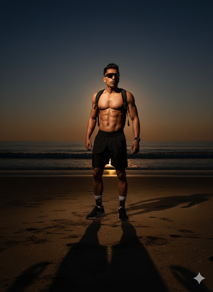 Coach Ashish Satarkar standing on the beach at sunset